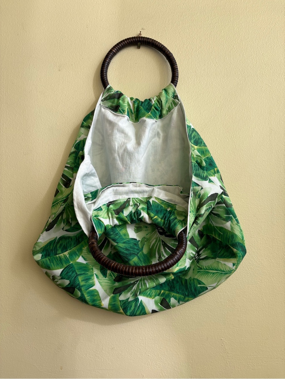 Tropical Green Leaf Tote with Round Woven Handles